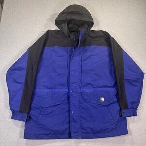 Carhartt Jacket Men's L Blue Black Ski Coat Parka Hooded Cargo Pockets C48 COB